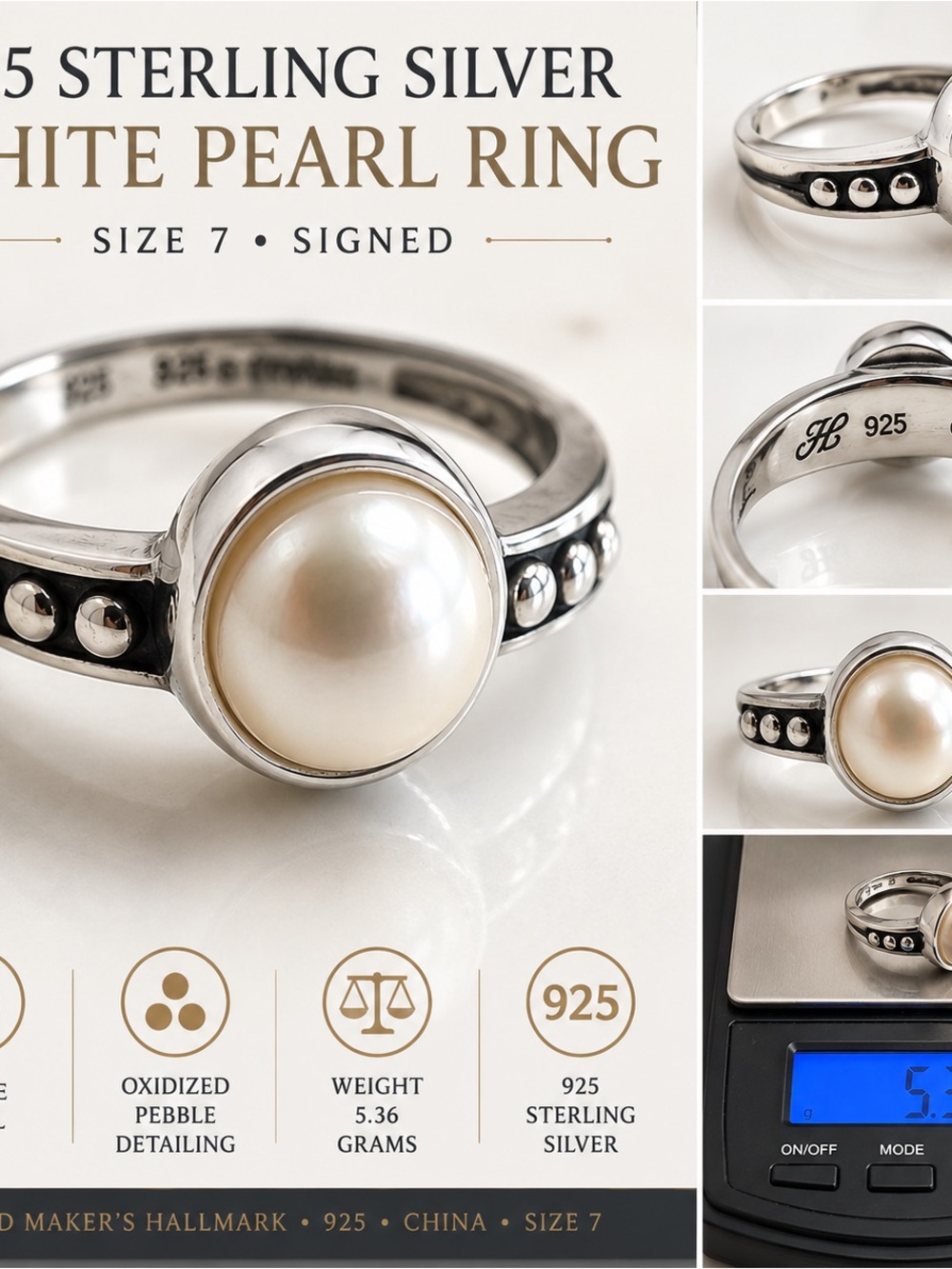 925 Sterling Silver White Pearl Ring Size 7 Signed 5.36g